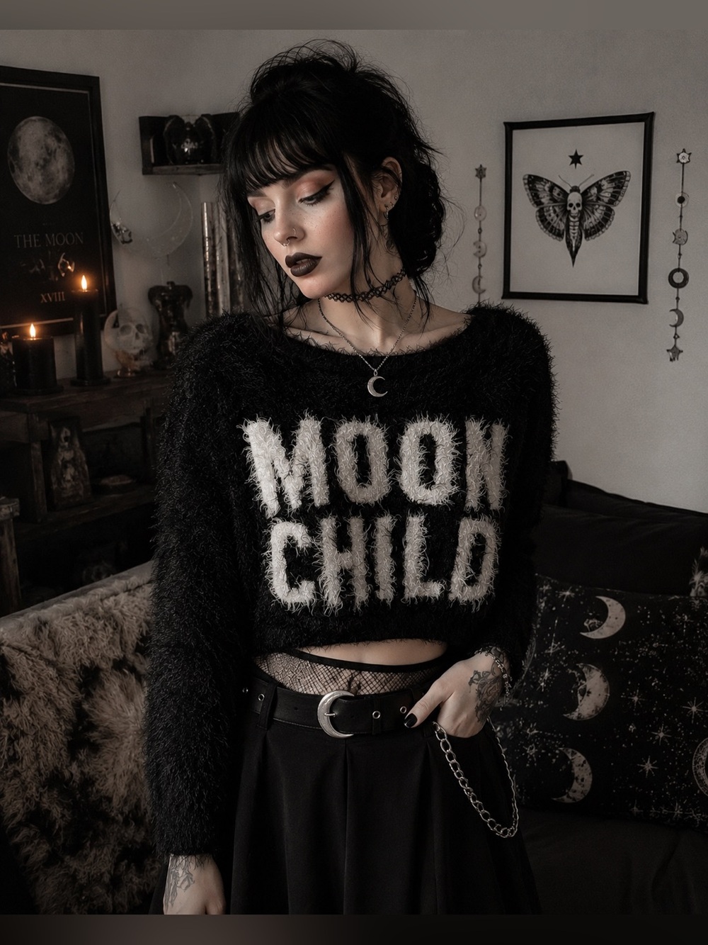 Killstar Moon Child Fuzzy Cropped Sweater Black Eyelash Knit Goth Large